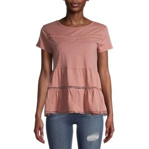 NWT Derek Heart Juniors Short sleeve Peplum Pink Crochet Top tiered Size S